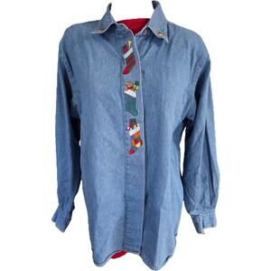 Vtg Peter Martin Holiday Christmas Cottage Craft Bears Blue Denim Shirt 10 EUC